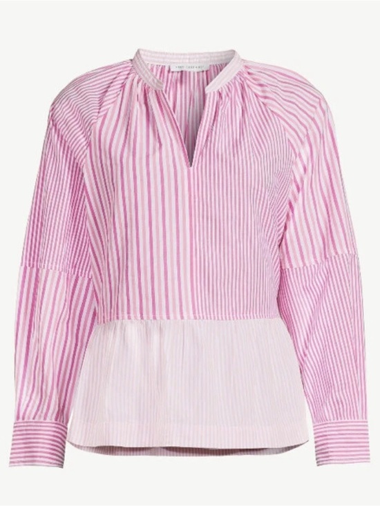 Free Assembly Tops - Striped Peplum Button Cuff Blouse - Pink & White